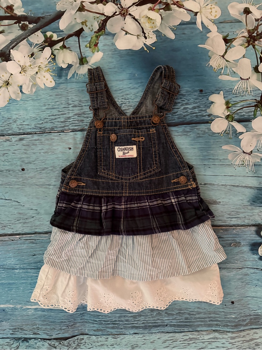 Retro OshKosh B'gosh Denim Tiered Layered Ruffle Overall Dress